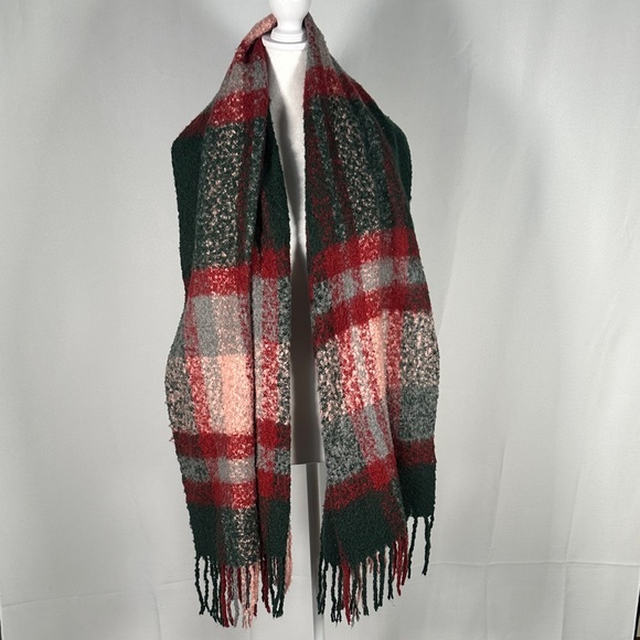 Woman’s Plaid Fringe Scarf in Red, Green and Pink - Picture 1 of 5